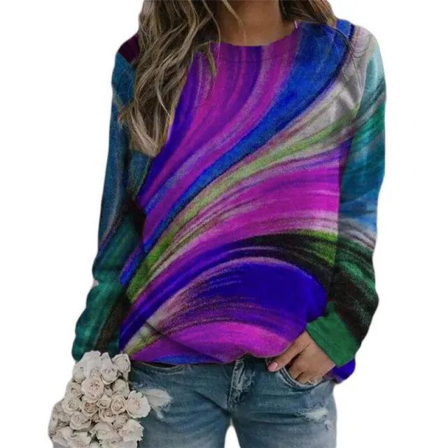 Loose Color Print Pullover Round Neck Long Sleeve Women's T shirt Purple - Shop at LoveMi