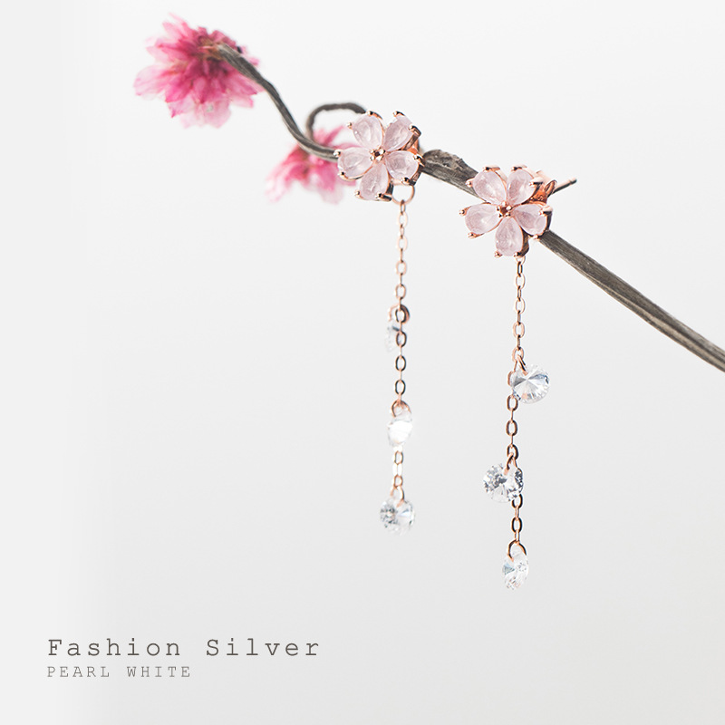 Ailuoqi S925 Silver Japanese Pink Lady Five Petal Flower Earrings Sweet Round Diamond Tassel Earrings