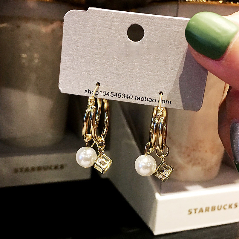 Korean Pearl Zircon Exaggerated Fashion Hoop Earrings