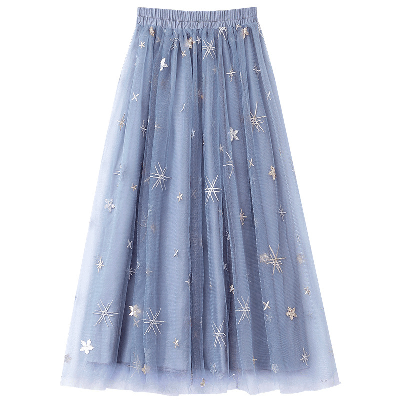 Korean Style High Waist Mesh Mid-Length Embroidery A-Line Skirt
