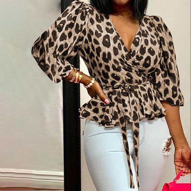 Women's V-Neck Long Sleeve Loose Leopard Print Top