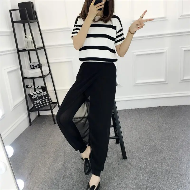 Solid Chiffon Harlem Slacks Fake Two Yoga Leggings - Black