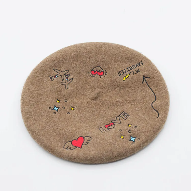 Small Plane Love Embroidery Wool Beret Artist Hat - Coffee