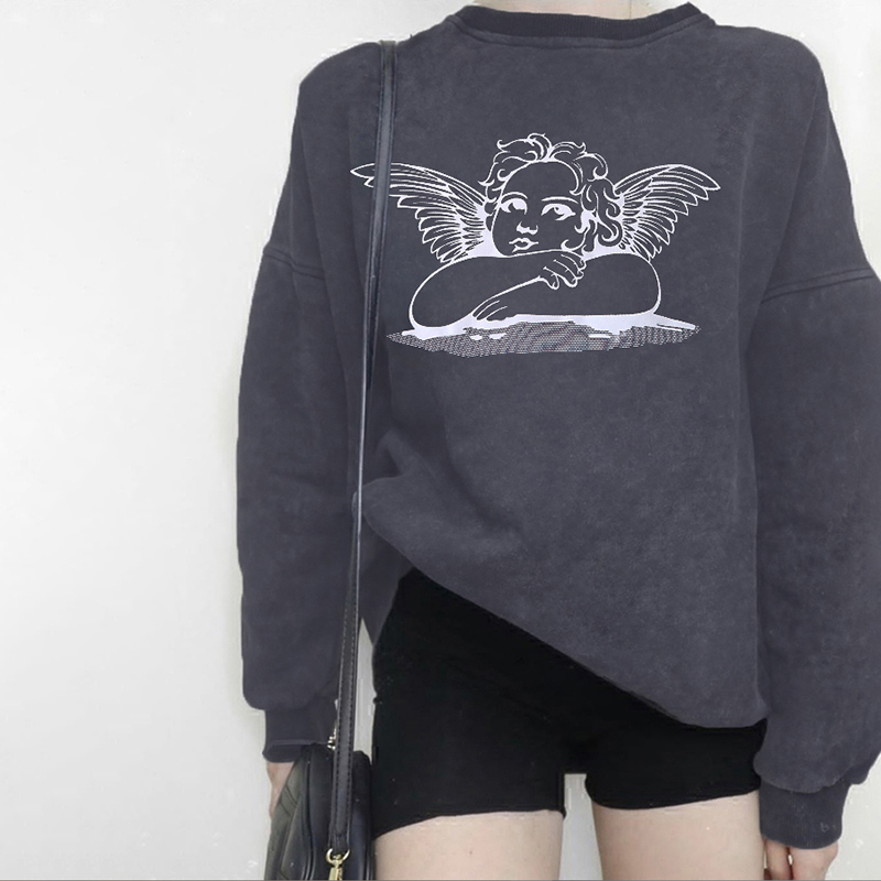 Retro Round Neck Loose Angel Print Long Sleeve Top