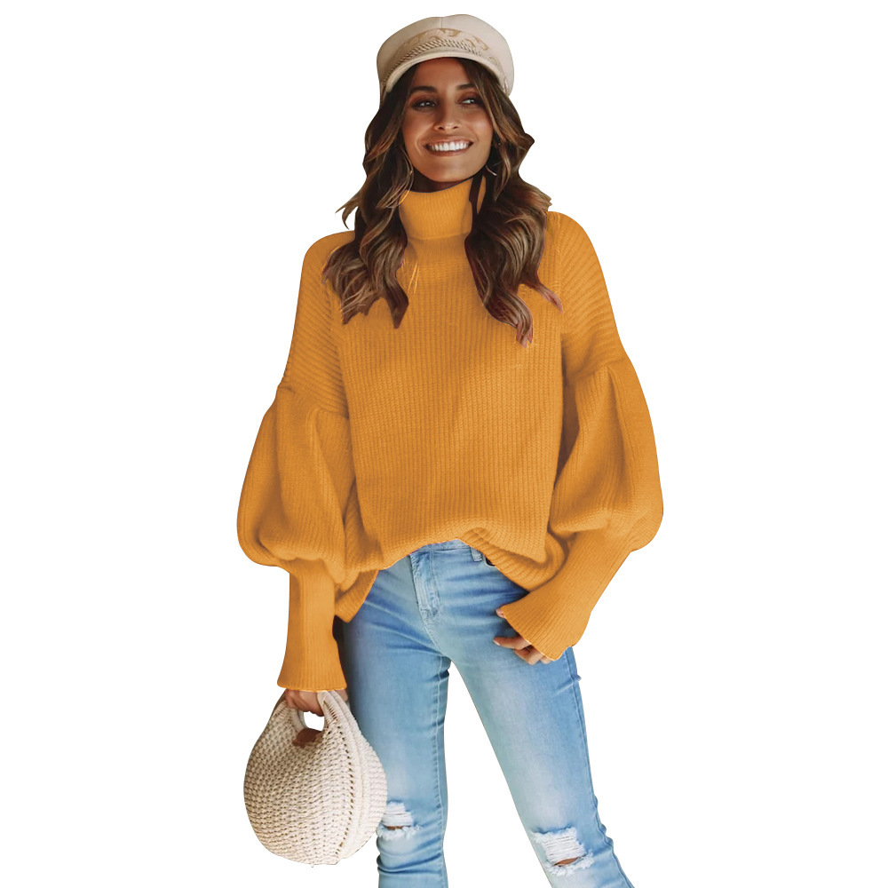 Women's Ebay Four-color Turtleneck Lantern Sleeve Pullover New Item