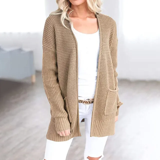 Pocket Cardigan Medium Length Solid T shirt Khaki - Shop at LoveMi