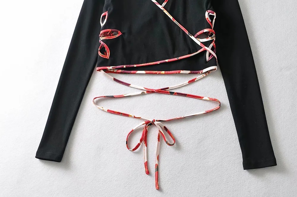 Flower Wrap-Around Tie V-Neck Slim-Fit Navel Lapel T-Shirt