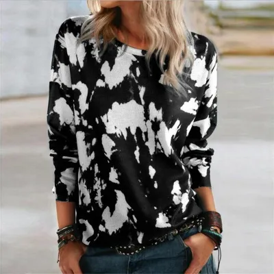 Women's Loose Round Neck Long Sleeve Printed T shirt Top Black - Shop at LoveMi