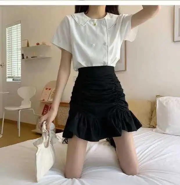 A line Skirt With Pleated High Waist And Versatile Buttocks Black - Shop at LoveMi