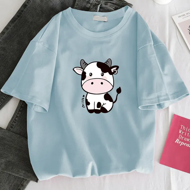 Fashion Loose Round Neck White Short Sleeves Light Blue - Shop at LoveMi