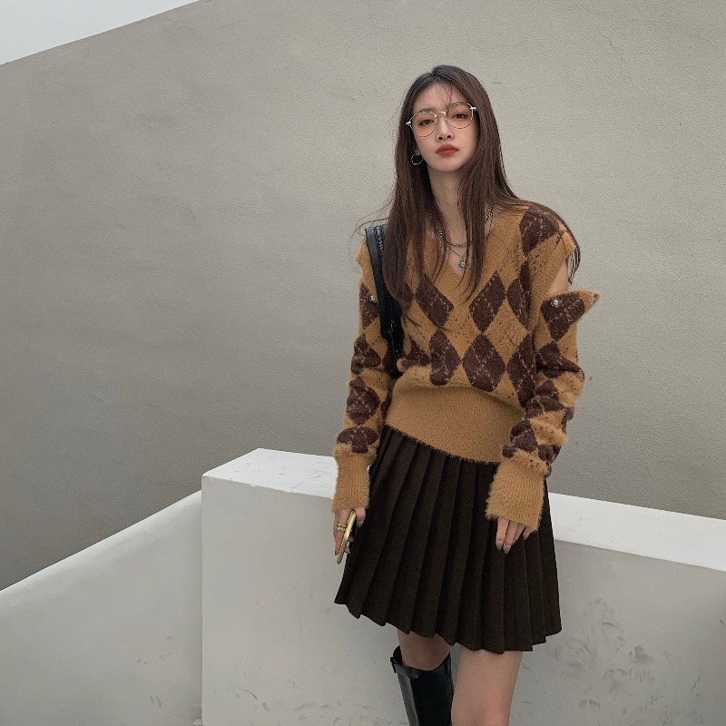 Plaid knit Sweater Women Autumn And Winter Thickening Retro