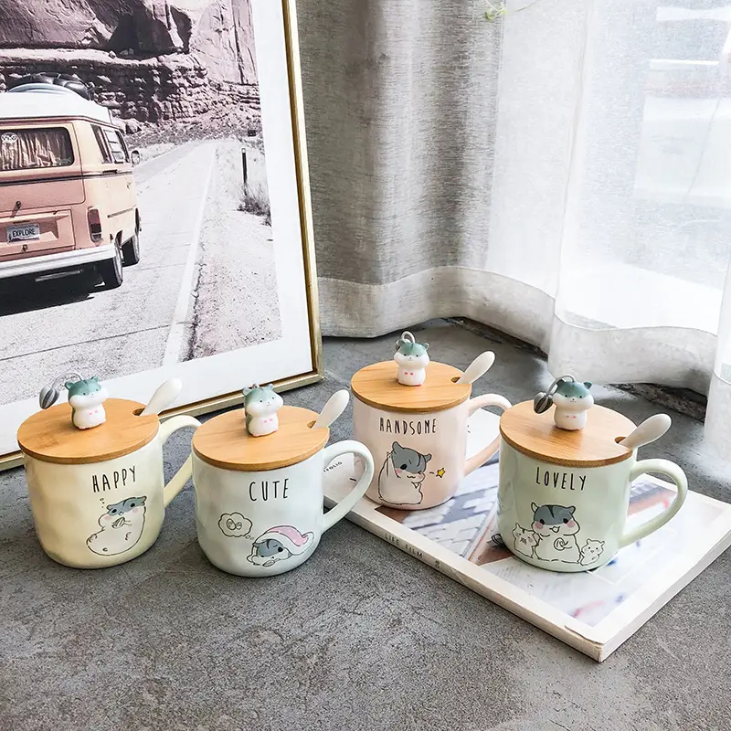 Creative Cartoon Hamster With Lid And Spoon Color Glaze Ceramic Cup