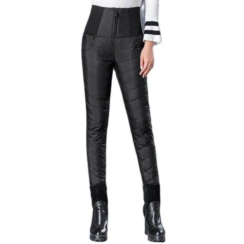 High Waist Down Pants Women's Outer Wear Thick Warm Down Cotton Pants - Black