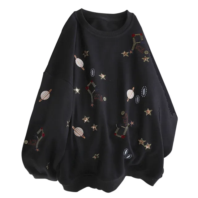 Korean Style Embroidered Sweater Women's Thin Loose Black - Shop at LoveMi