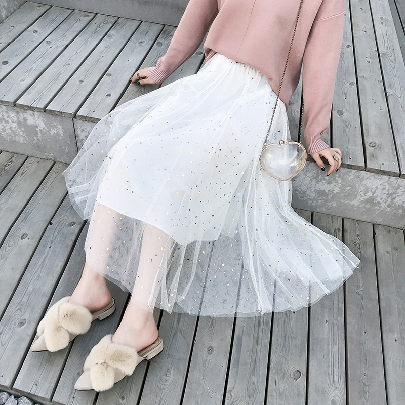 High Waist Mid-length Star Sequin Skirt With Mesh