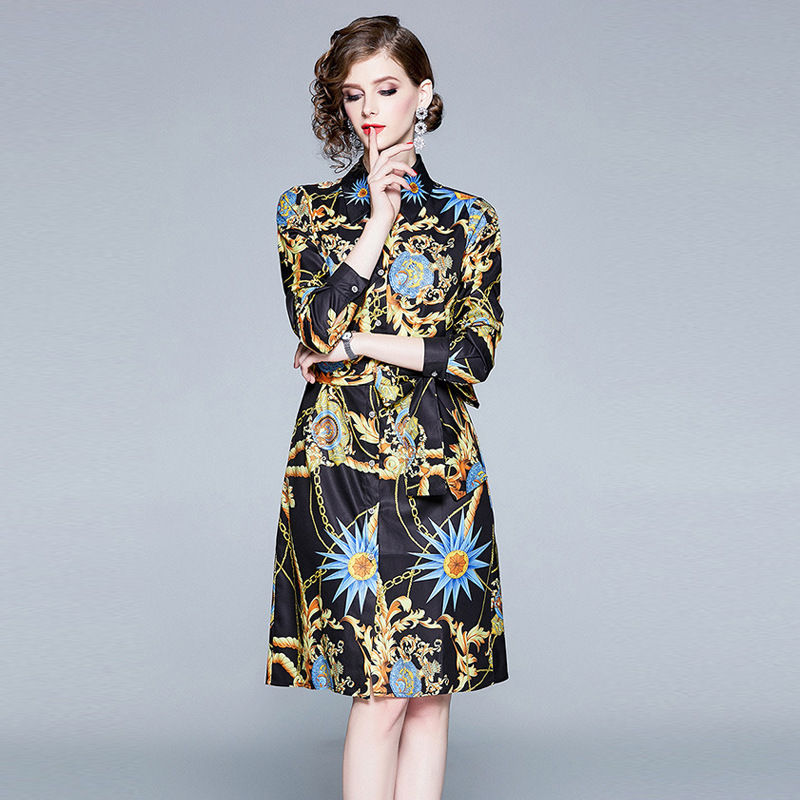 Vintage Lapel Tie Printed Single Breasted Dress