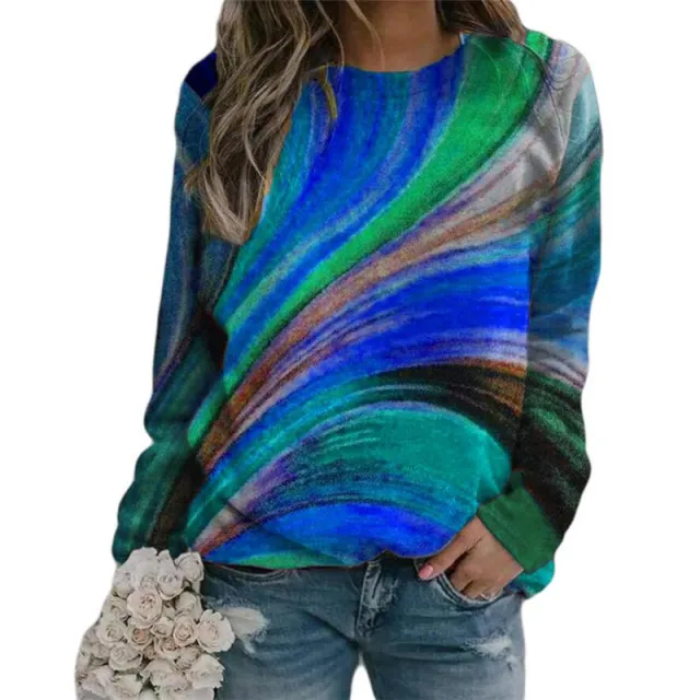 Loose Color Print Pullover Round Neck Long Sleeve Women's T shirt Blue - Shop at LoveMi