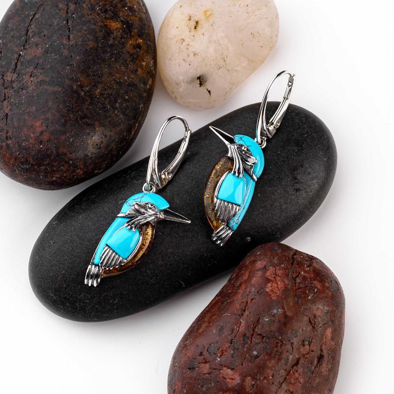 Nature Vintage Silver Be Similar Turquoise Bird Earrings