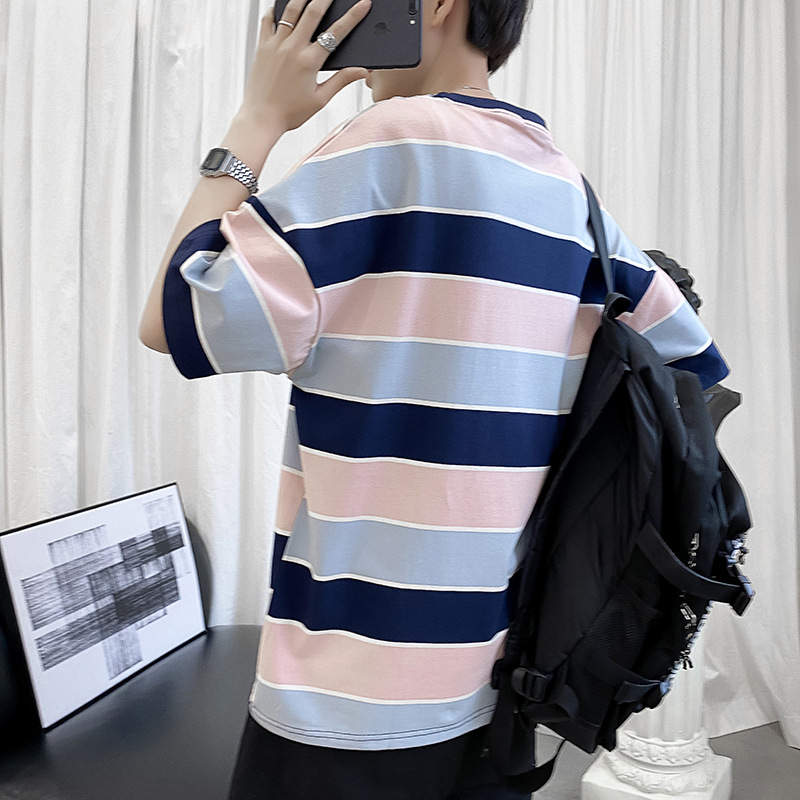 Striped Short-sleeved T-shirt Boys Hong Kong Style Couple Half-sleeved Ins Bottoming Shirt