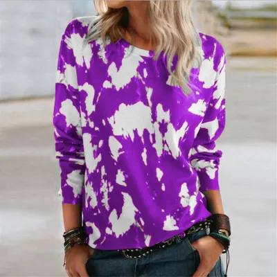 Women's Loose Round Neck Long Sleeve Printed T shirt Top Purple - Shop at LoveMi