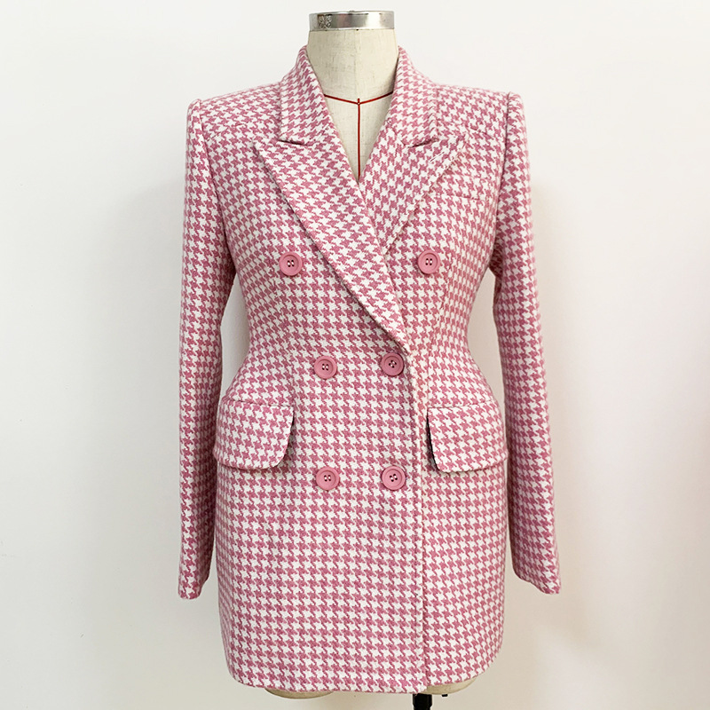Pink Houndstooth Wool Coat Retro Double-breasted