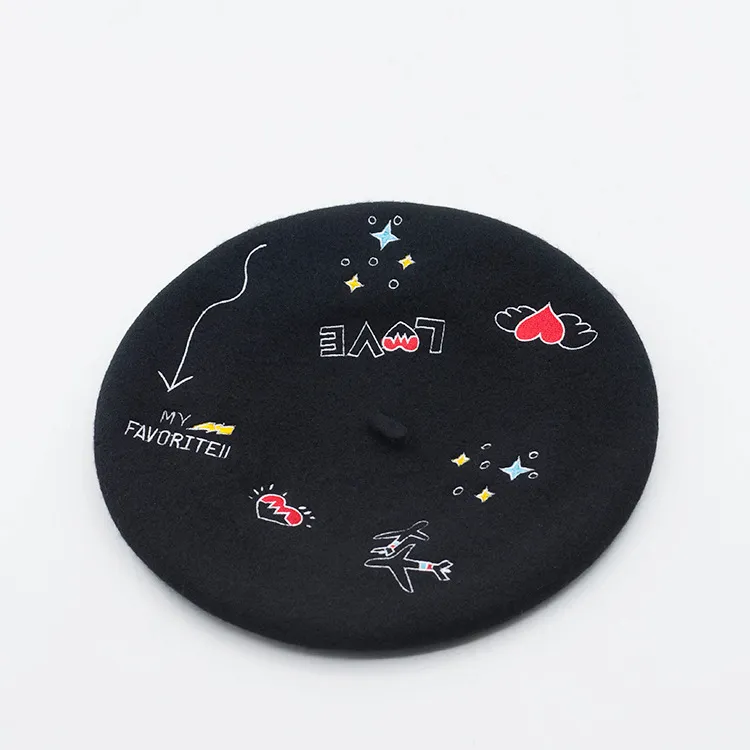 Small Plane Love Embroidery Wool Beret Artist Hat - Black