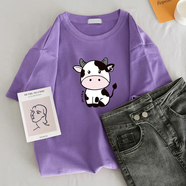 Fashion Loose Round Neck White Short Sleeves Purple - Shop at LoveMi