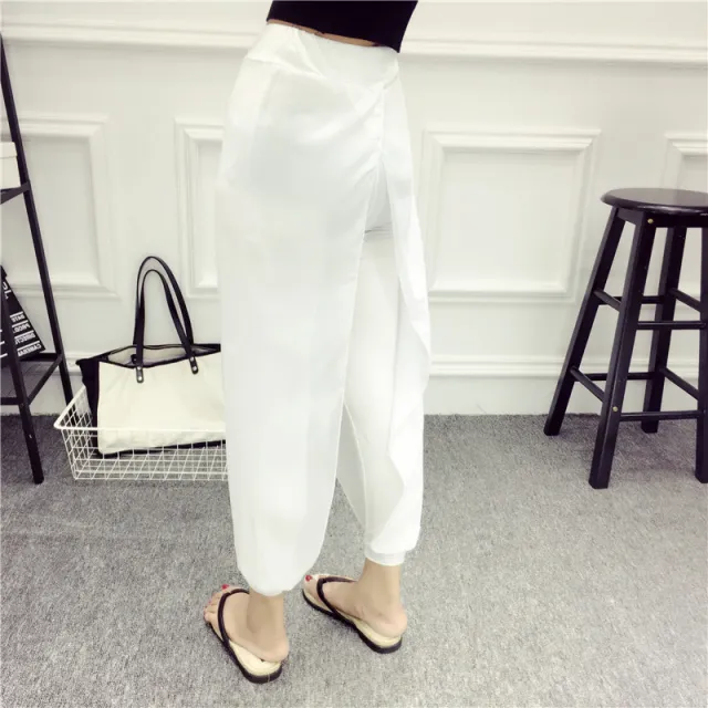 Solid Chiffon Harlem Slacks Fake Two Yoga Leggings White - Shop at LoveMi