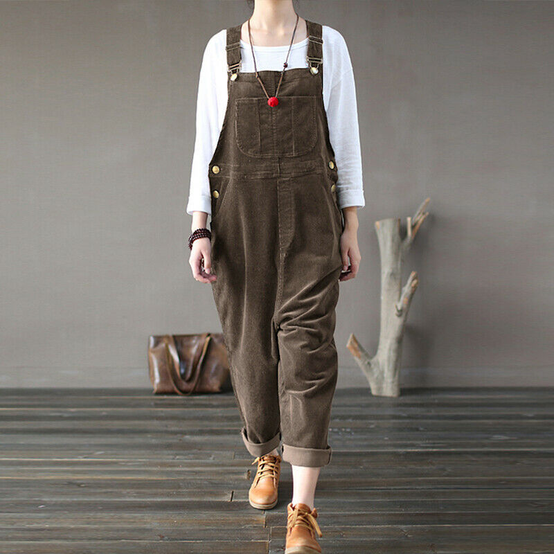 Corduroy Solid Color Casual Long Bib Pants