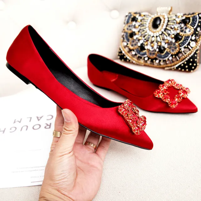 Shallow Diamond Square Buckle Flat Shoes Red - Shop at LoveMi