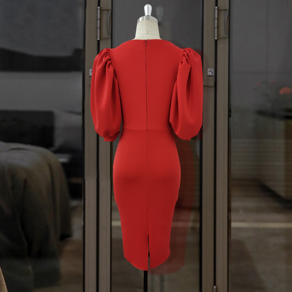 Ladies V-Neck Bubble Five-Point Sleeve Dress