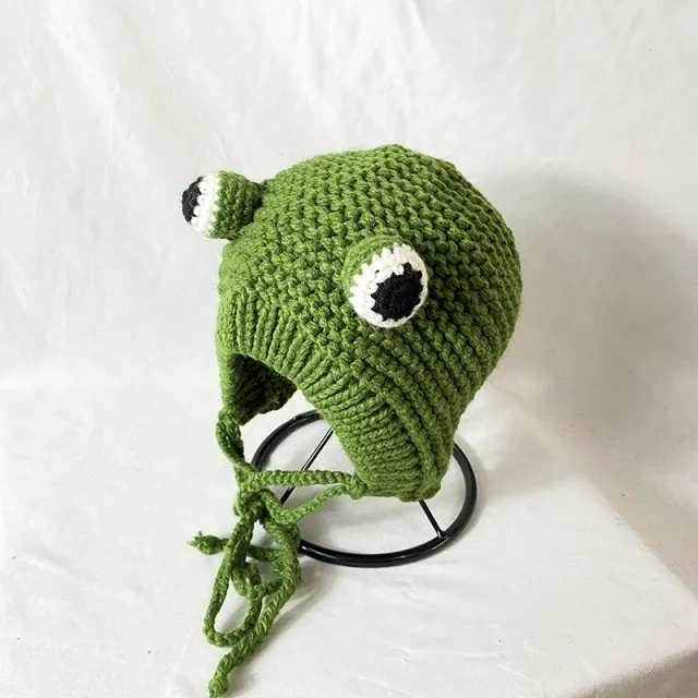 Ear Protection Wool Hat Female Cute Frog Big Eyes Wear Knitted Hat Green - Shop at LoveMi