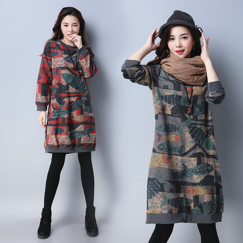 Plus Size Print Retro Long Sleeve Round Neck Dress