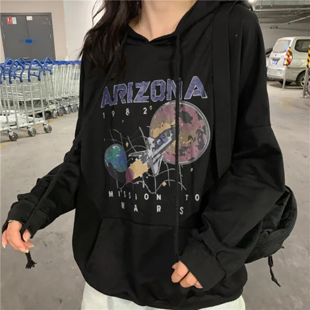 Printed Loose and Versatile Thin Hooded Sweater Black - Shop at LoveMi