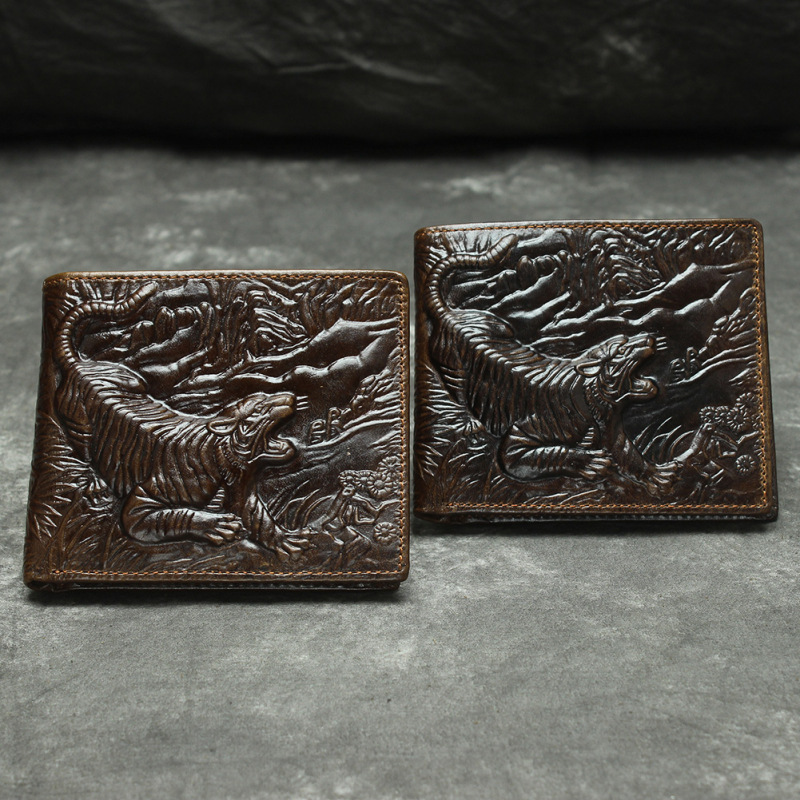 Simple Oil Wax Leather Three-dimensional Tiger Pattern Money Folding Head Layer Cowhide Wallet