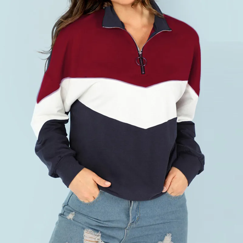 Casual Three-color Stitching Stand-up Collar Long-sleeved Sweater - Red