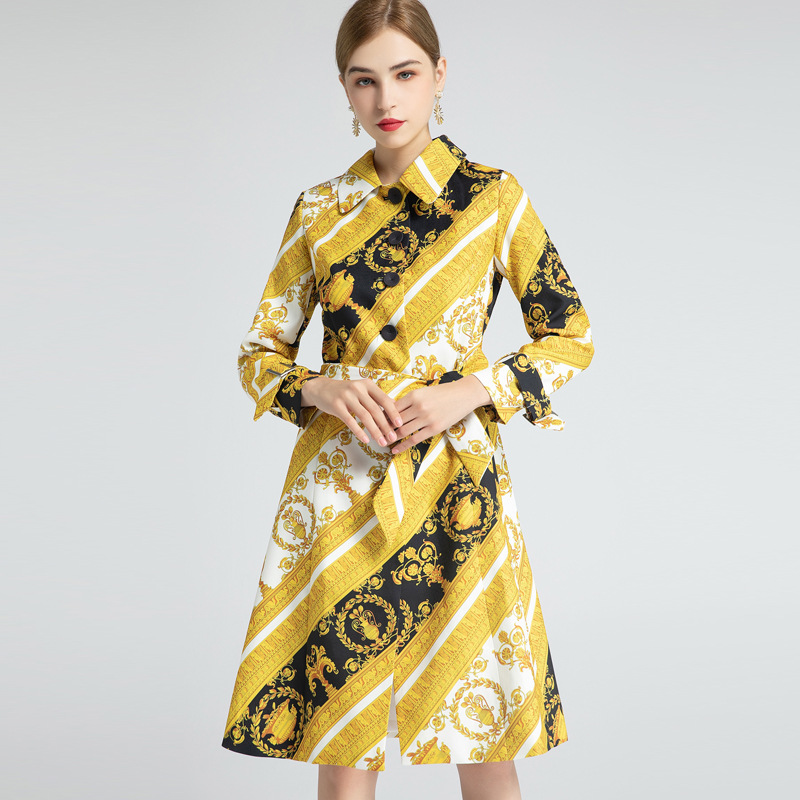 Lapel Yellow Print Single-Breasted Lace-Up Long-Sleeved Waist Coat Jacket