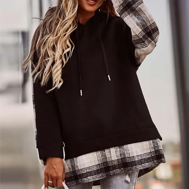 Plaid Stitching Long sleeved Round Neck Hooded Sweatshirt Black - Shop at LoveMi