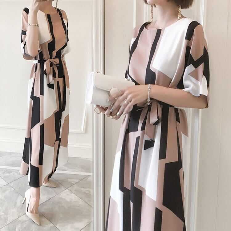 European And American Waist Long Plaid Print Dress