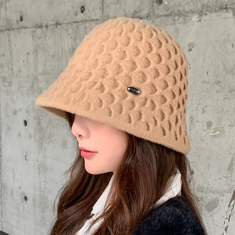 Women's Solid Color Knitted Dome Bucket Hat - Coffee