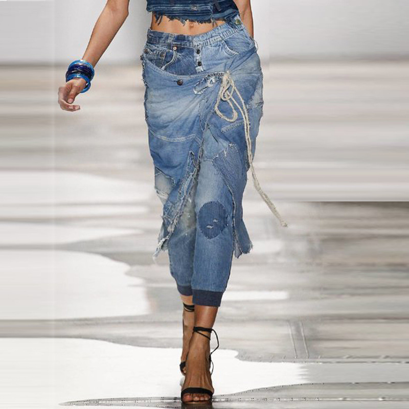 Large Size Ripped Lace Up Trendy Hot Selling Ribbed Trousers Jeans Blue - Shop at LoveMi