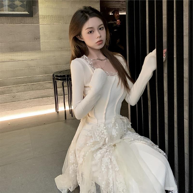 Lace Crochet Fairy Dress Winter New Temperament Long Skirt