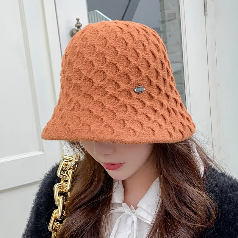 Women's Solid Color Knitted Dome Bucket Hat - Caramel