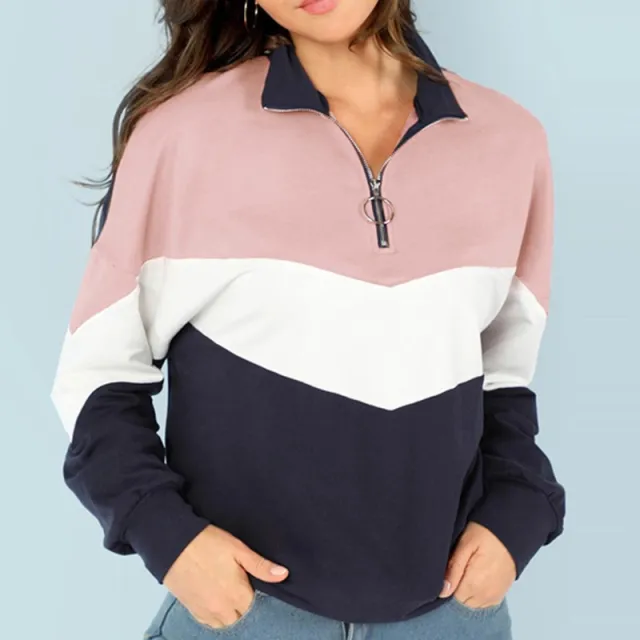 Casual Three color Stitching Stand up Collar Long sleeved Sweater Pink - Shop at LoveMi