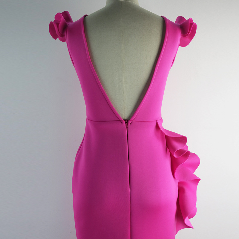 Ladies Deep V Neck Ruffle Dress Split Gown