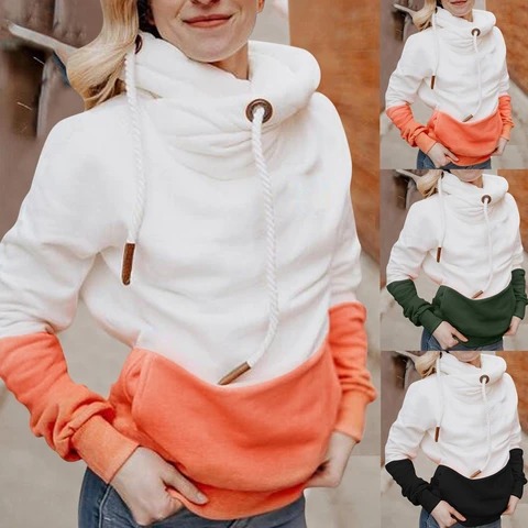 Color Matching Long Sleeve Hooded Drawstring Sweater Women's Wear