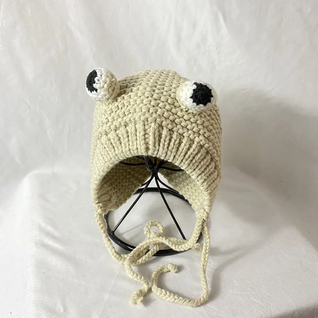 Ear Protection Wool Hat Female Cute Frog Big Eyes Wear Knitted Hat Beige - Shop at LoveMi