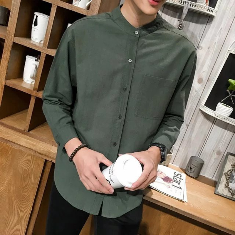 Cotton and Linen Loose Stand Collar Men's White Shirt