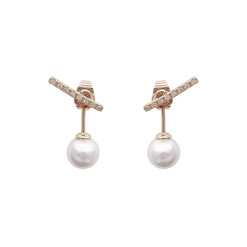 925 Silver Needle Rhinestone One Horizontal Pearl Stud Earrings