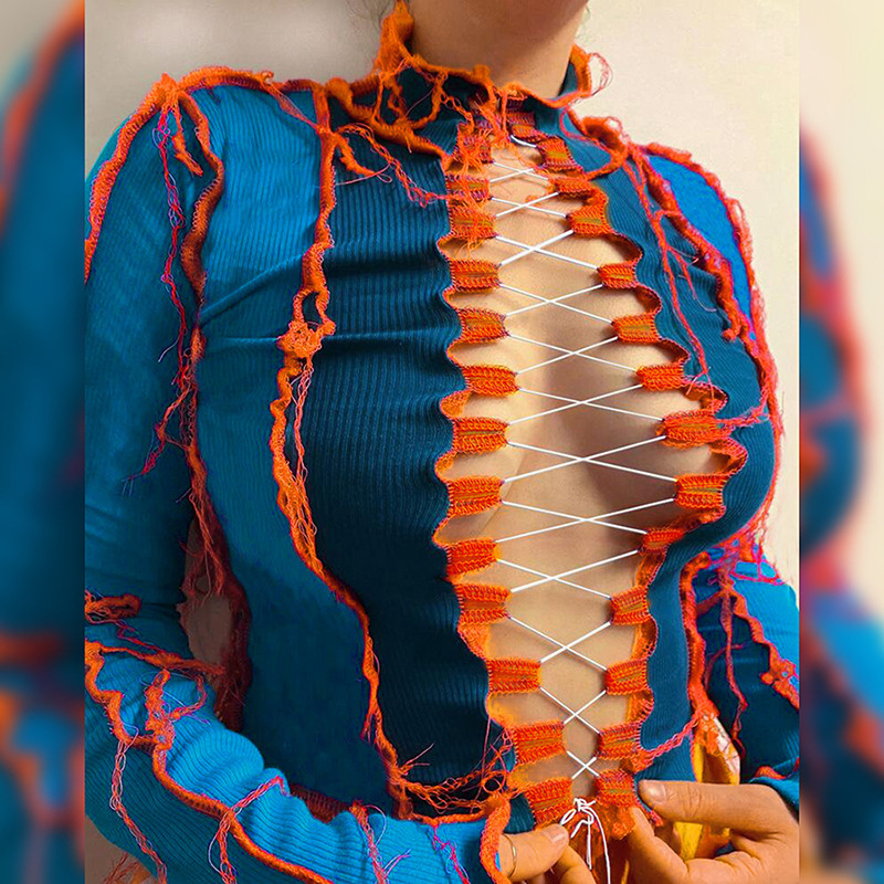 Lace-up Hollow Contrast Stitching Long-sleeved Slim T-shirt